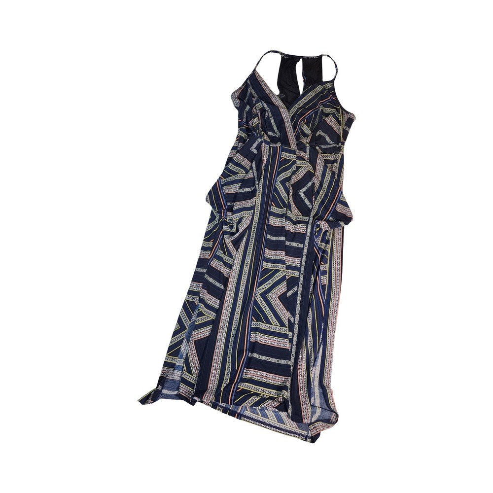 BCBGeneration Navy Blue Geometric Tribal Print V-Neck Maxi‎ Dress Small